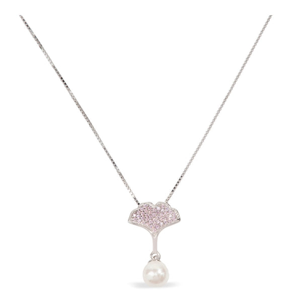 Blisse Allure Sterling Silver Apricot Leaf with Pearl Pendant Necklace