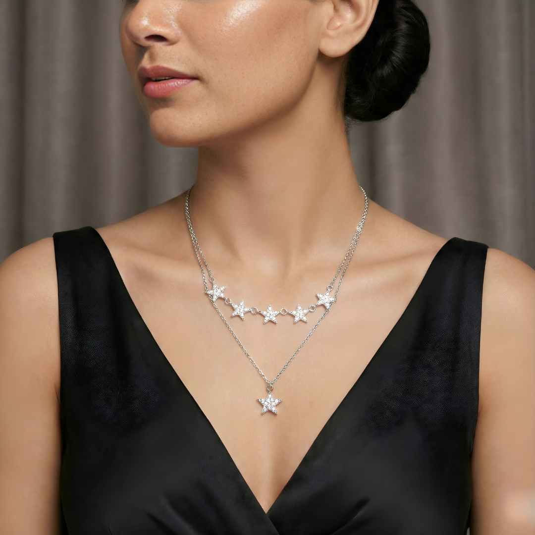 Blisse Allure Sterling Silver Clavicle Layered Star Necklace