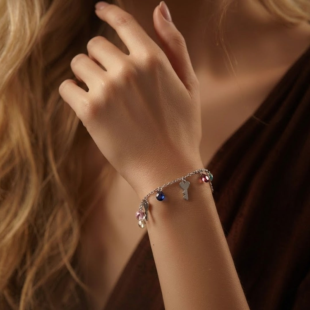 Blisse Allure Sterling Silver Multicoloured Crystals with Key Charms Bracelet