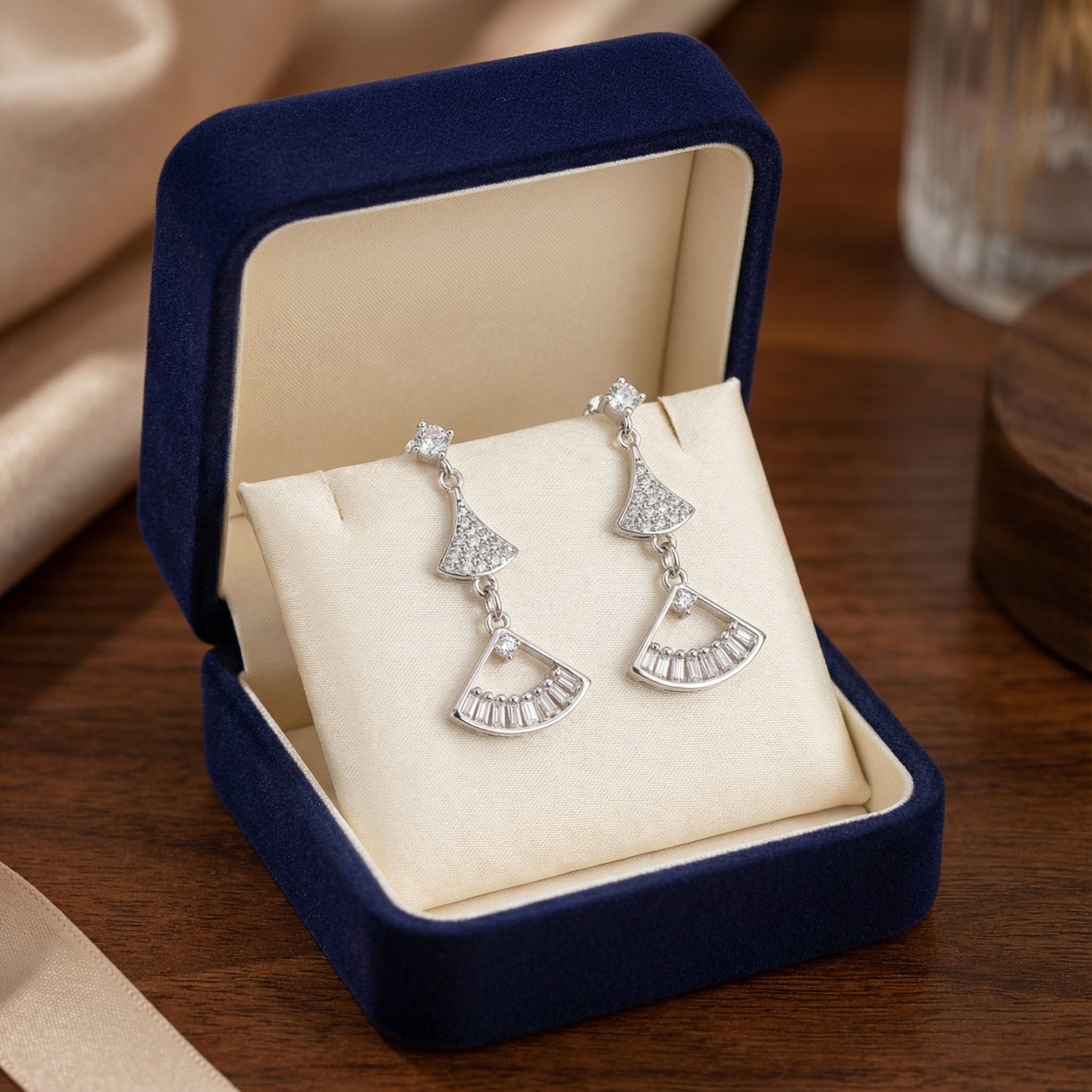 Blisse Allure Sterling Silver Fan Shaped Mosaic Drop Earrings