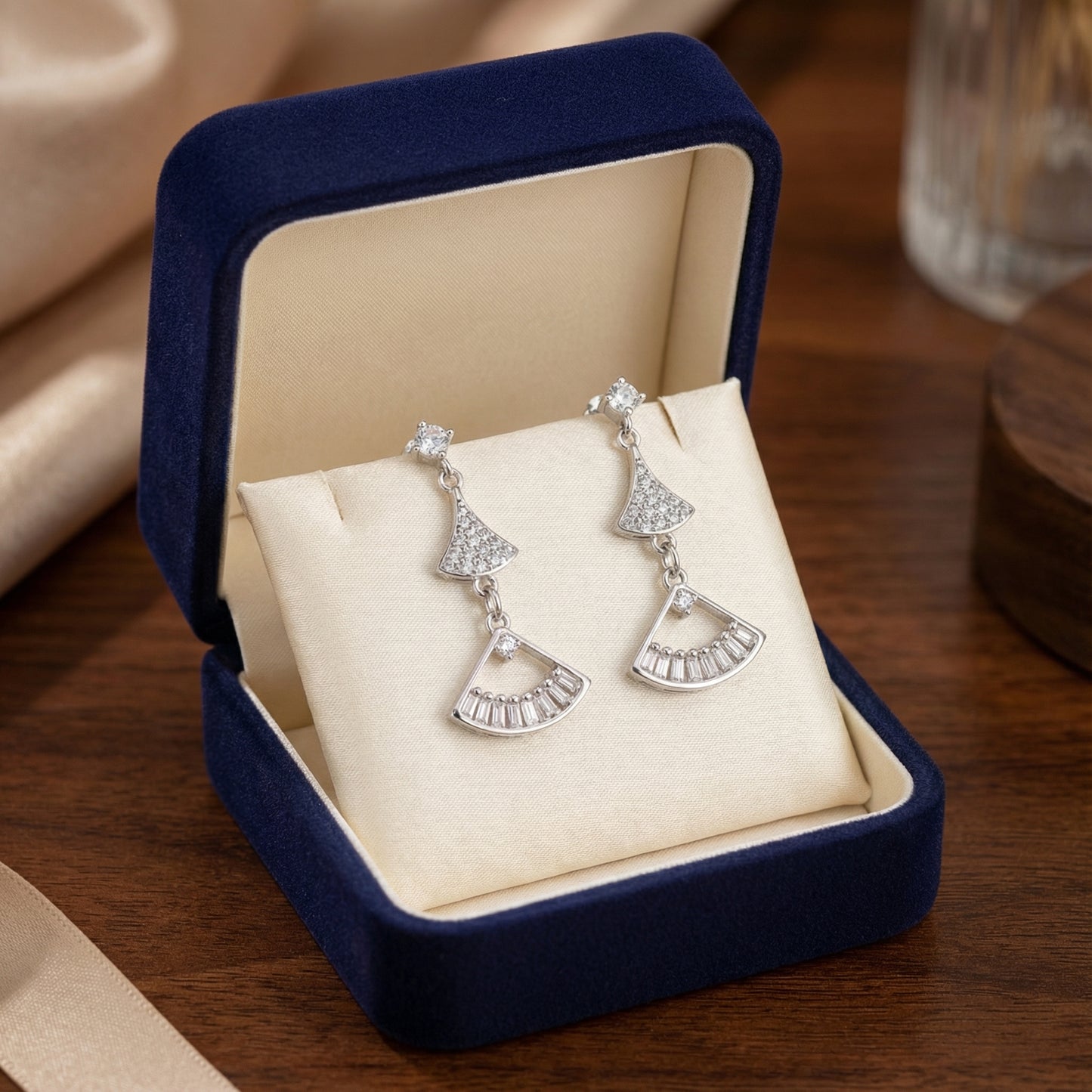 Blisse Allure Sterling Silver Fan Shaped Mosaic Drop Earrings