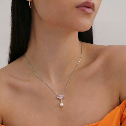 Blisse Allure Sterling Silver Apricot Leaf with Pearl Pendant Necklace