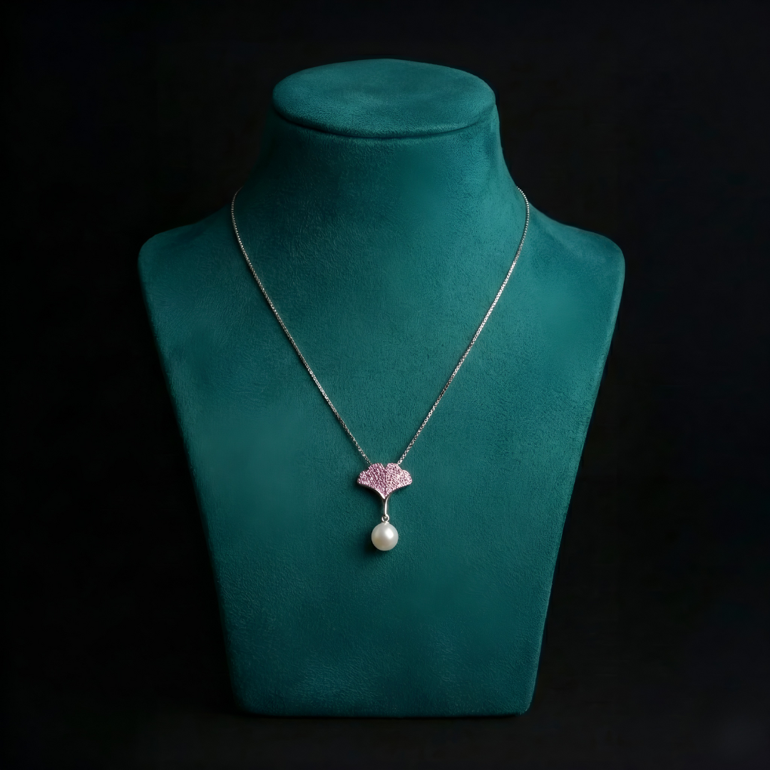 Blisse Allure Sterling Silver Apricot Leaf with Pearl Pendant Necklace