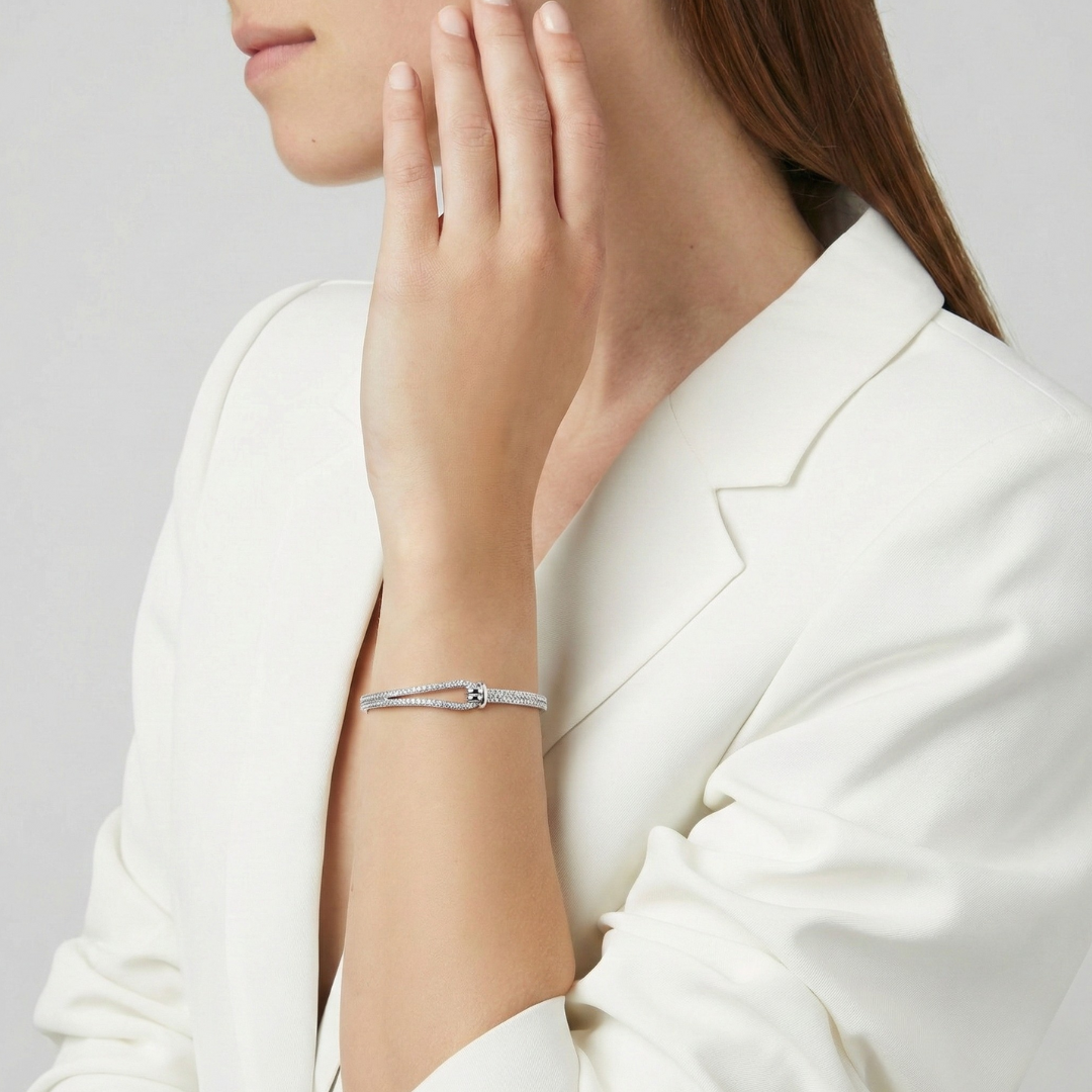 Silver victorian bangle bracelet studded in white zircon