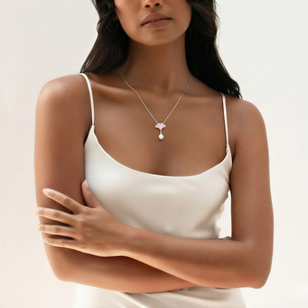 Blisse Allure Sterling Silver Apricot Leaf with Pearl Pendant Necklace