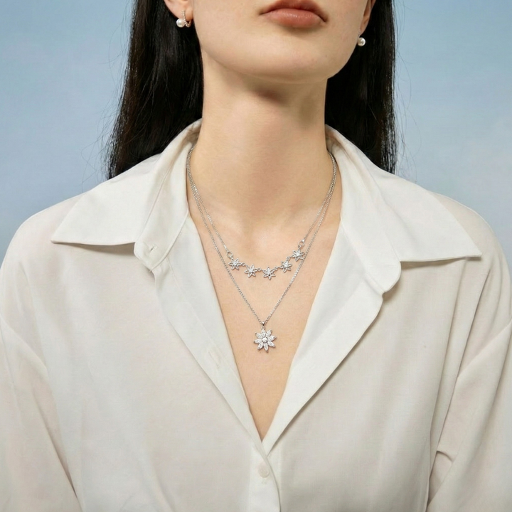 Blisse Allure Sterling Silver Clavicle Layered Flower Necklace