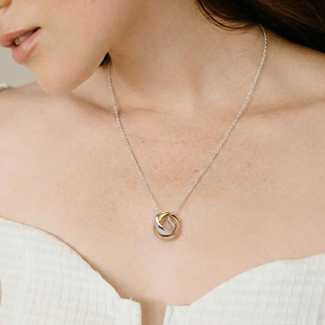 Blisse Allure Sterling Silver Necklace Intertwined 3 tone rings.
