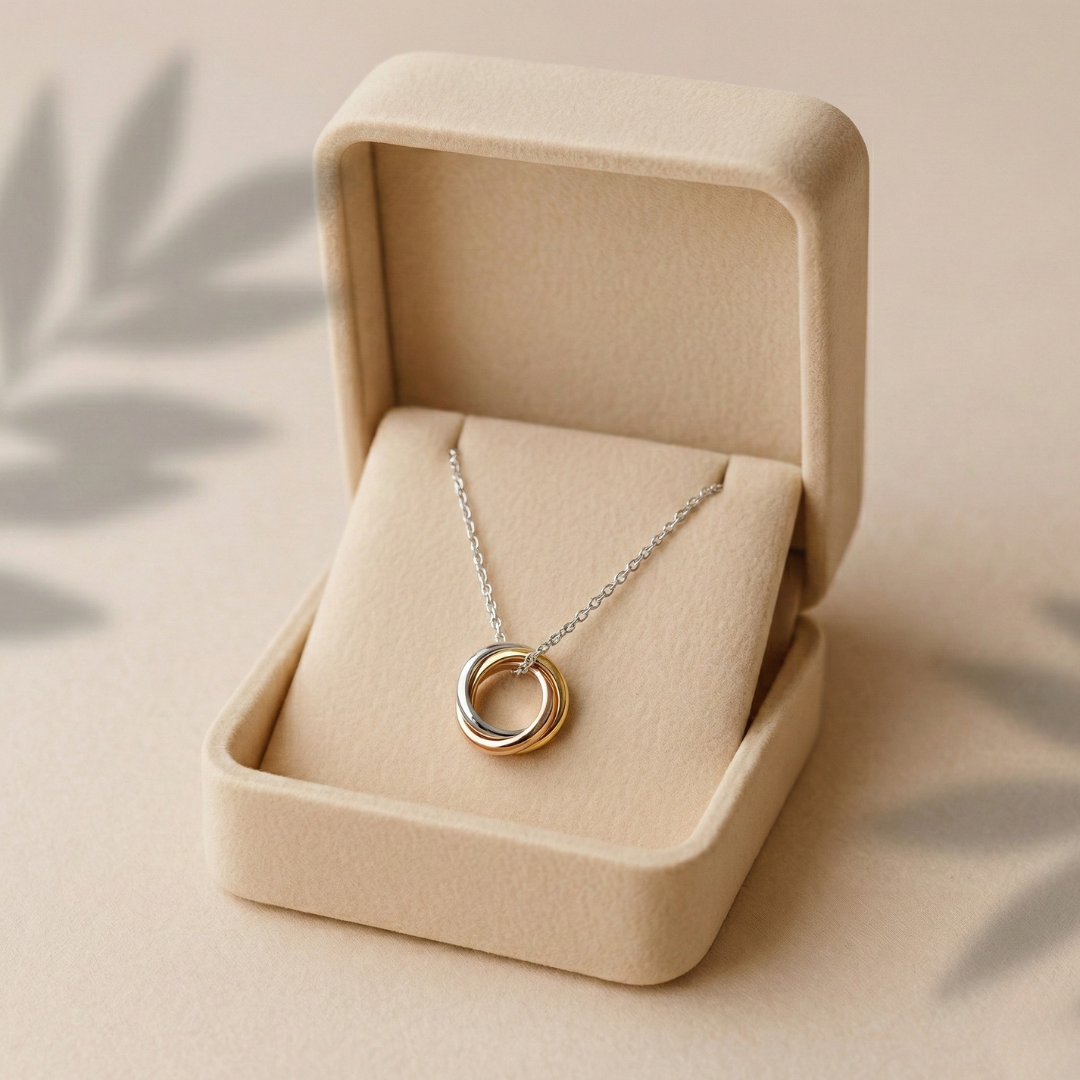 Blisse Allure Sterling Silver Necklace Intertwined 3 tone rings.