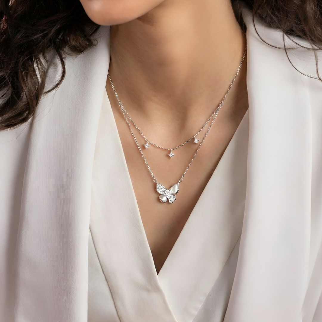 Blisse Allure Sterling Silver Butterfly Motif Layered Necklace
