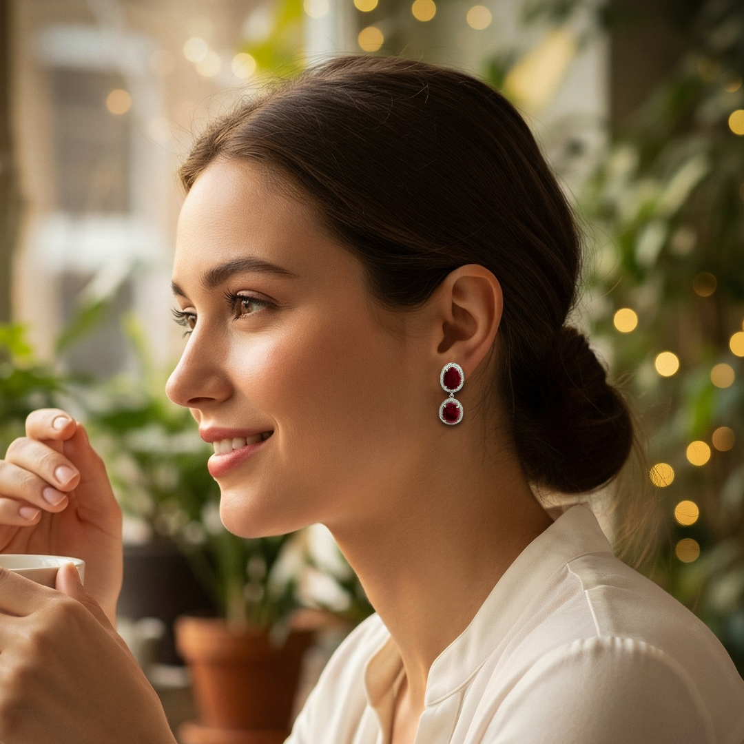 Blisse Allure Sterling Silver Ruby Talpe Danglers with White CZ