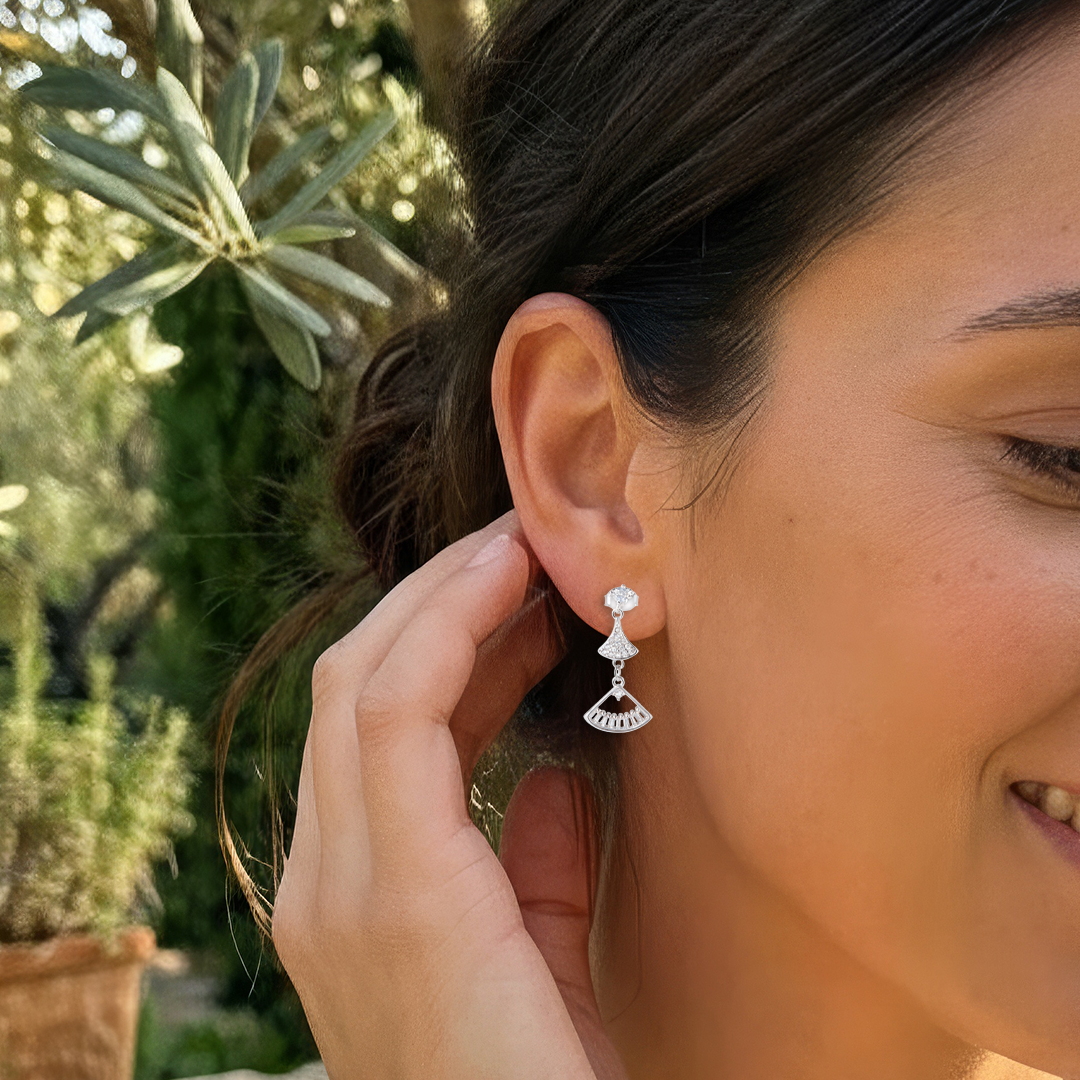 Blisse Allure Sterling Silver Fan Shaped Mosaic Drop Earrings