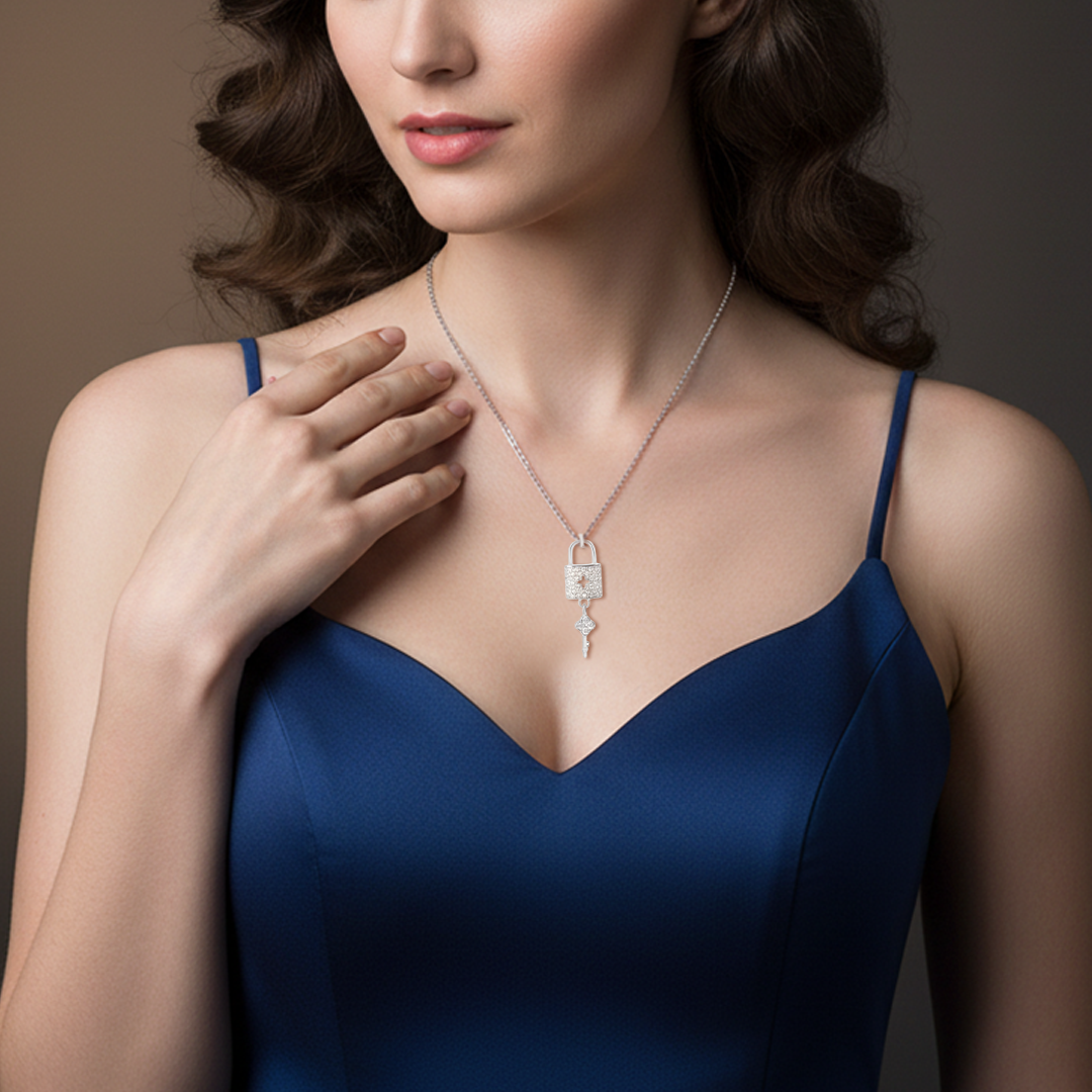Blisse Allure Sterling Silver Padlock with Key Necklace