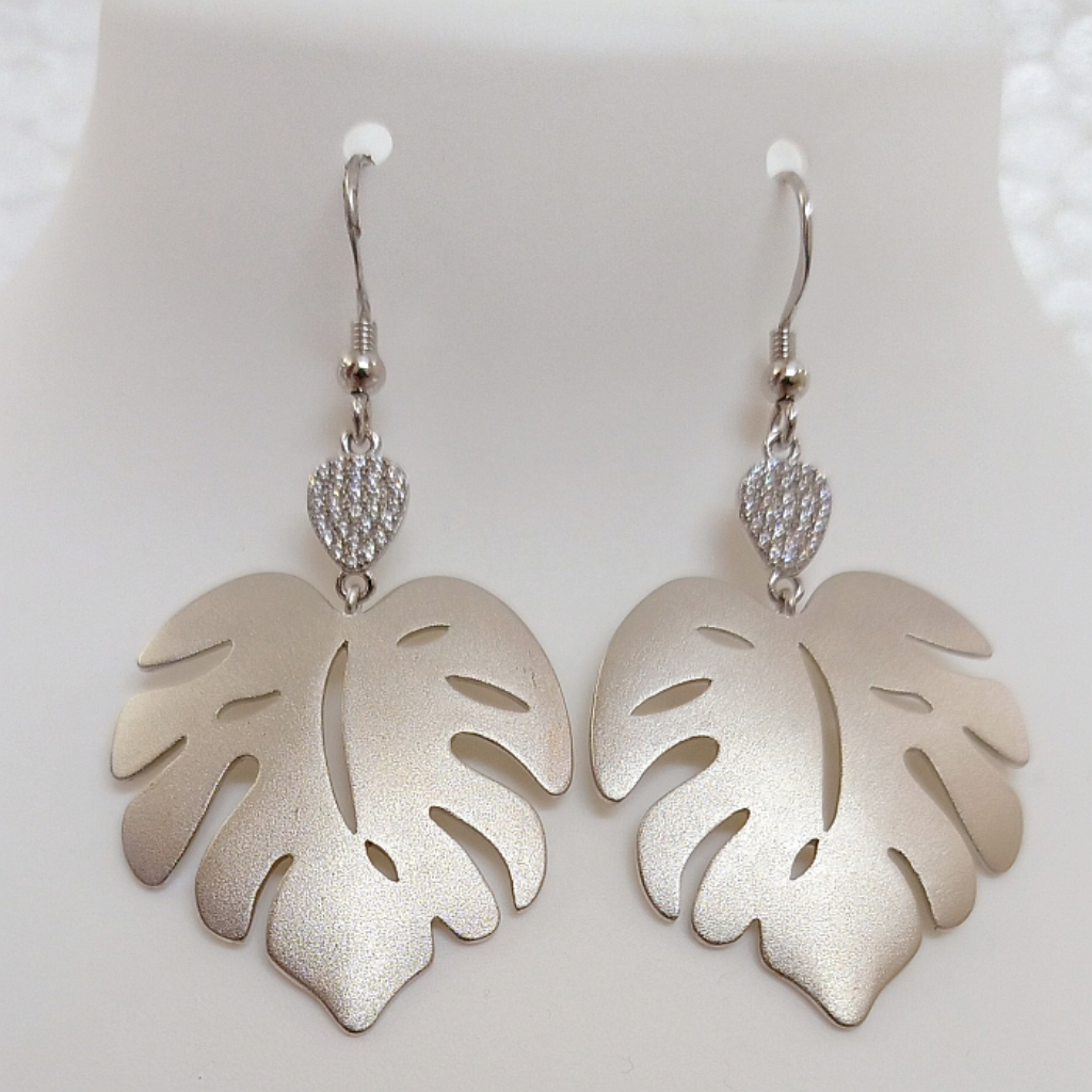 Blisse Allure 925 Sterling Silver Big Leaf With White CZ Earring