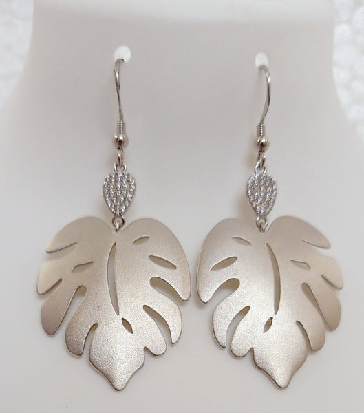 Blisse Allure 925 Sterling Silver Big Leaf With White CZ Earring