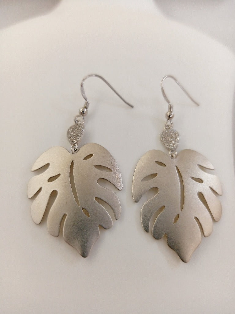 Blisse Allure 925 Sterling Silver Big Leaf With White CZ Earring
