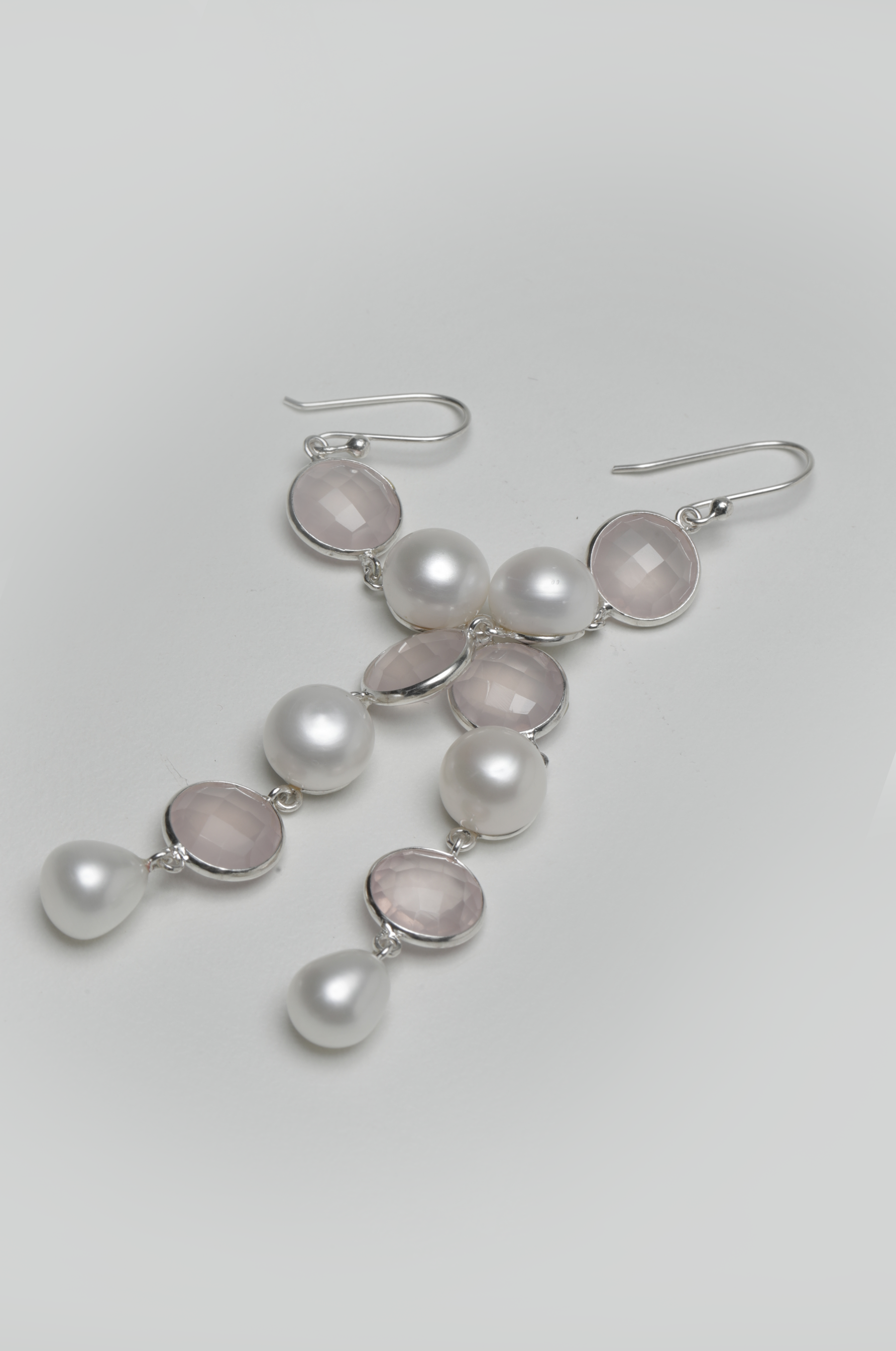 Blisse Allure 925 Sterling Silver Rose Quartz And Pearl Semi Precious Drop Earrings