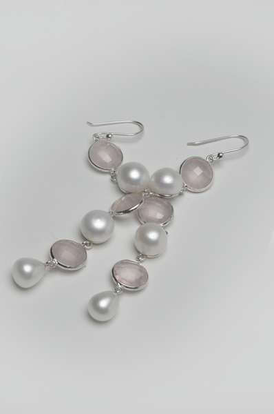 Blisse Allure 925 Sterling Silver Rose Quartz And Pearl Semi Precious Drop Earrings