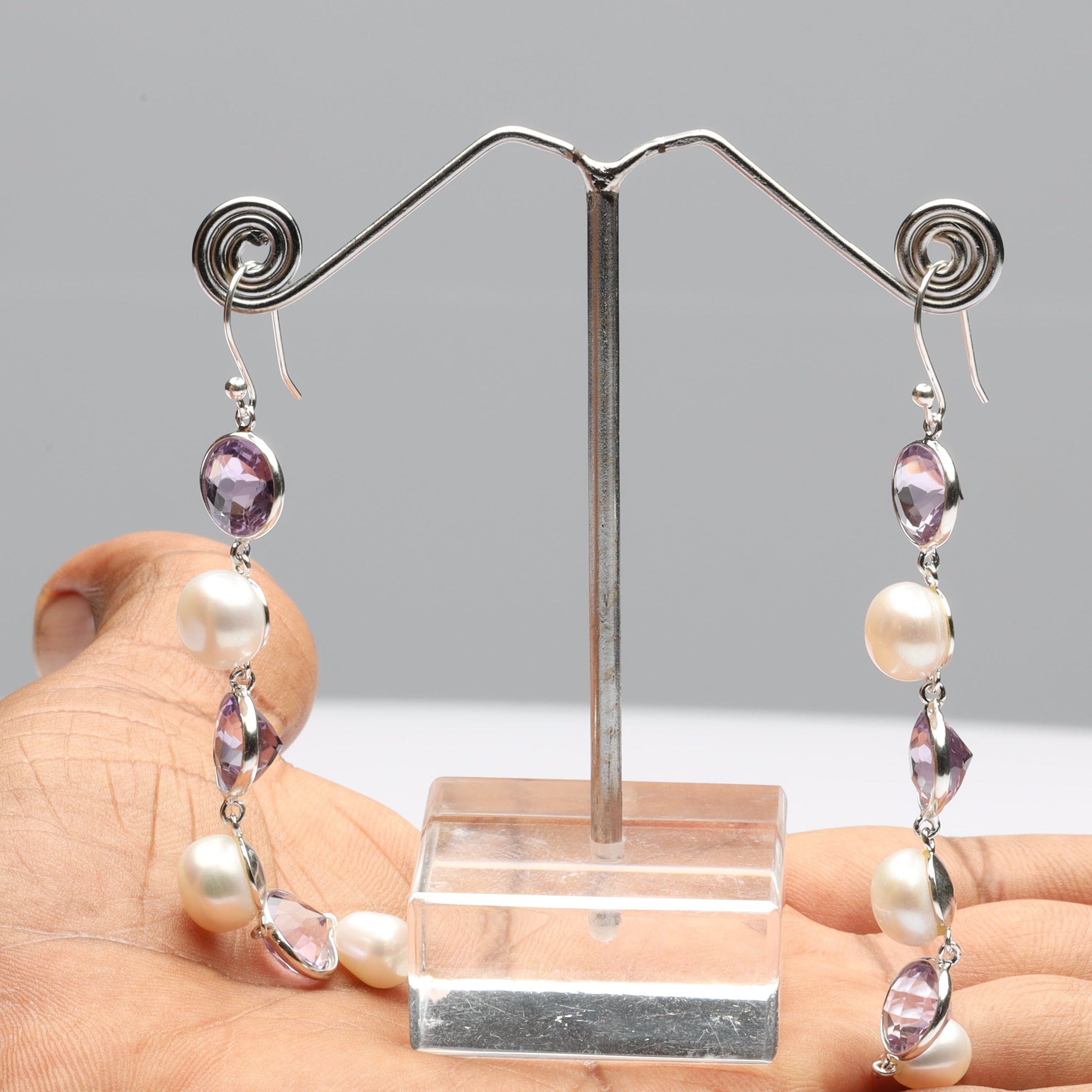 Blisse Allure 925 Sterling Silver Amethyst and Pearl Dangler Earrings For Women