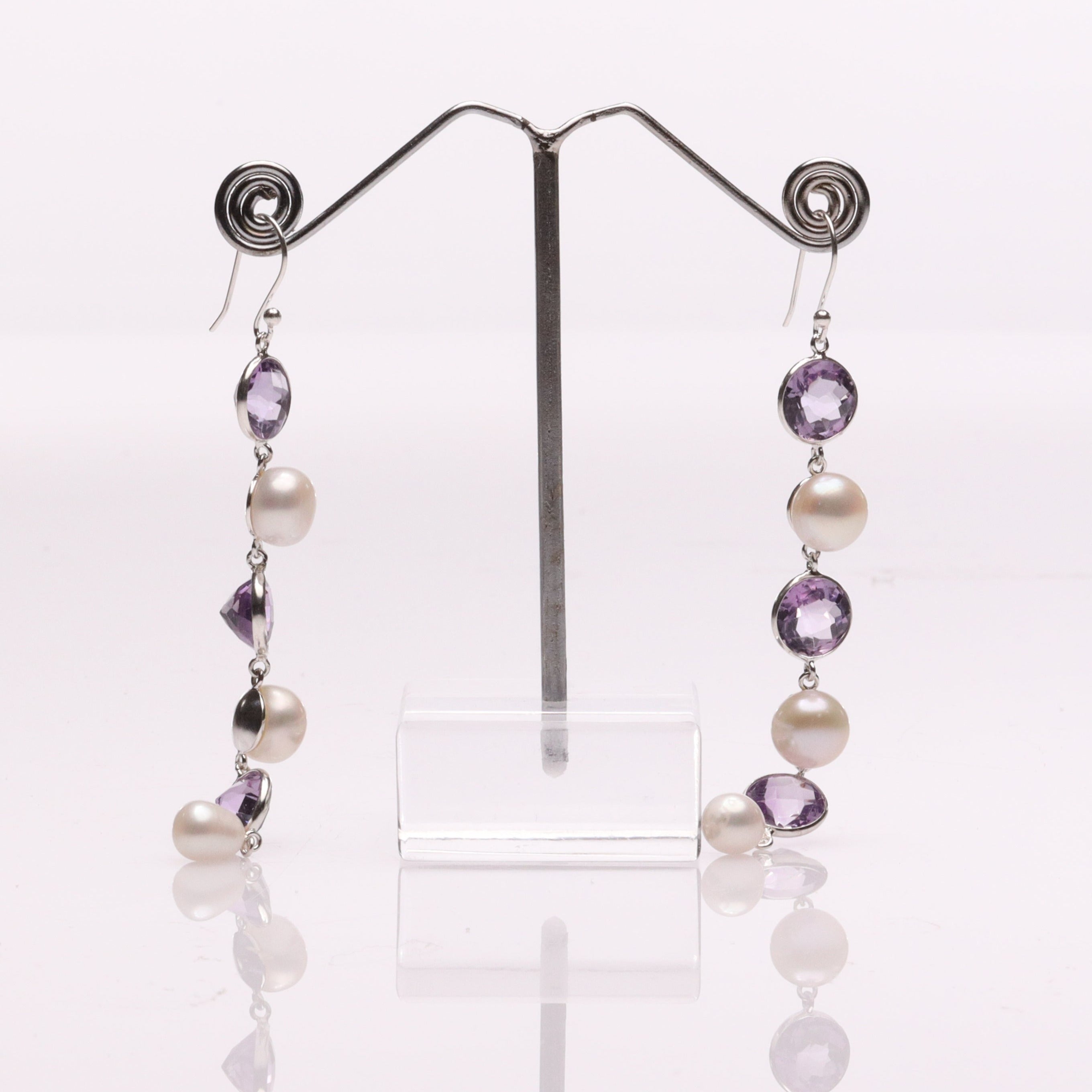 Blisse Allure 925 Sterling Silver Amethyst and Pearl Dangler Earrings For Women
