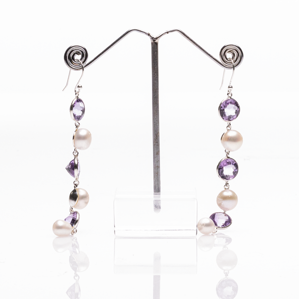 Blisse Allure 925 Sterling Silver Amethyst and Pearl Dangler Earrings For Women