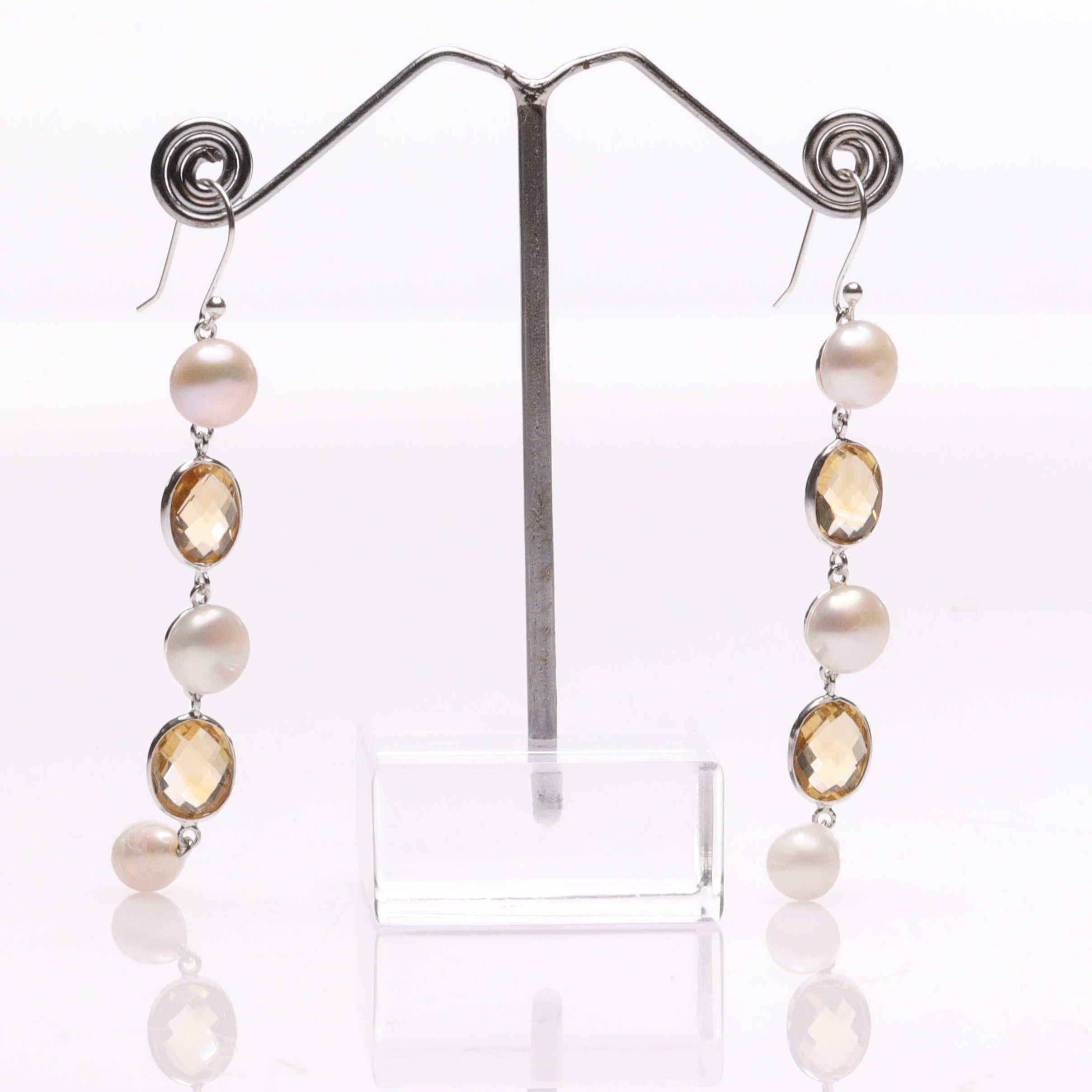 Blisse Allure 925 Sterling Silver Citrine and Pearl Dangler Earrings