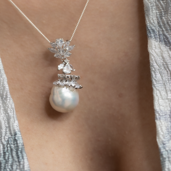 Blisse Allure 925 Sterling Silver White CZ With Pearl Drop Earrings And Pendant Set