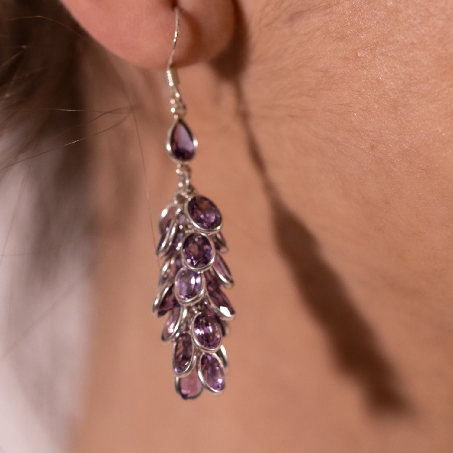 Blisse Allure 925 Sterling Amethyst Bunch Drop Design Silver Earrings For Women