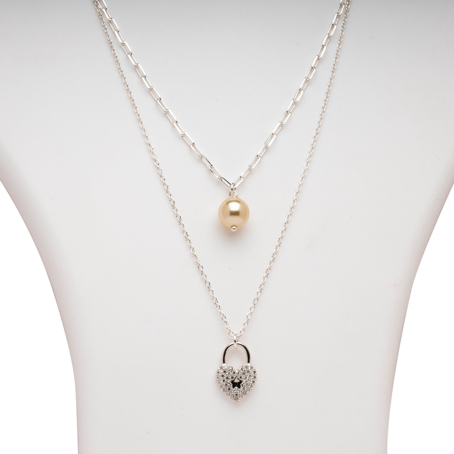 Blisse Allure 925 Sterling Silver Layered Necklace with Heart Shaped Pendant and Pearl drop