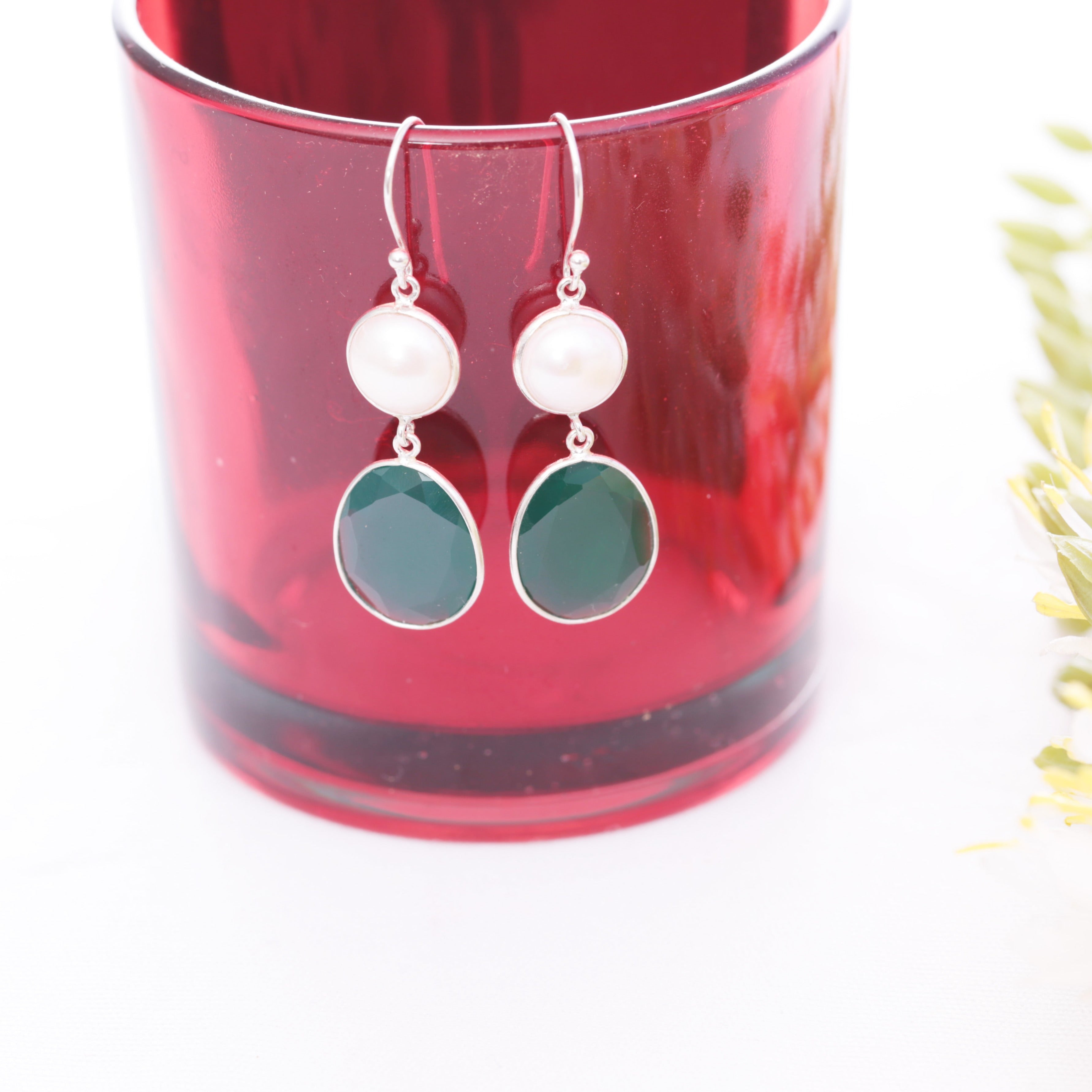 Blisse Allure Green Onyx and Pearl Drop Earrings