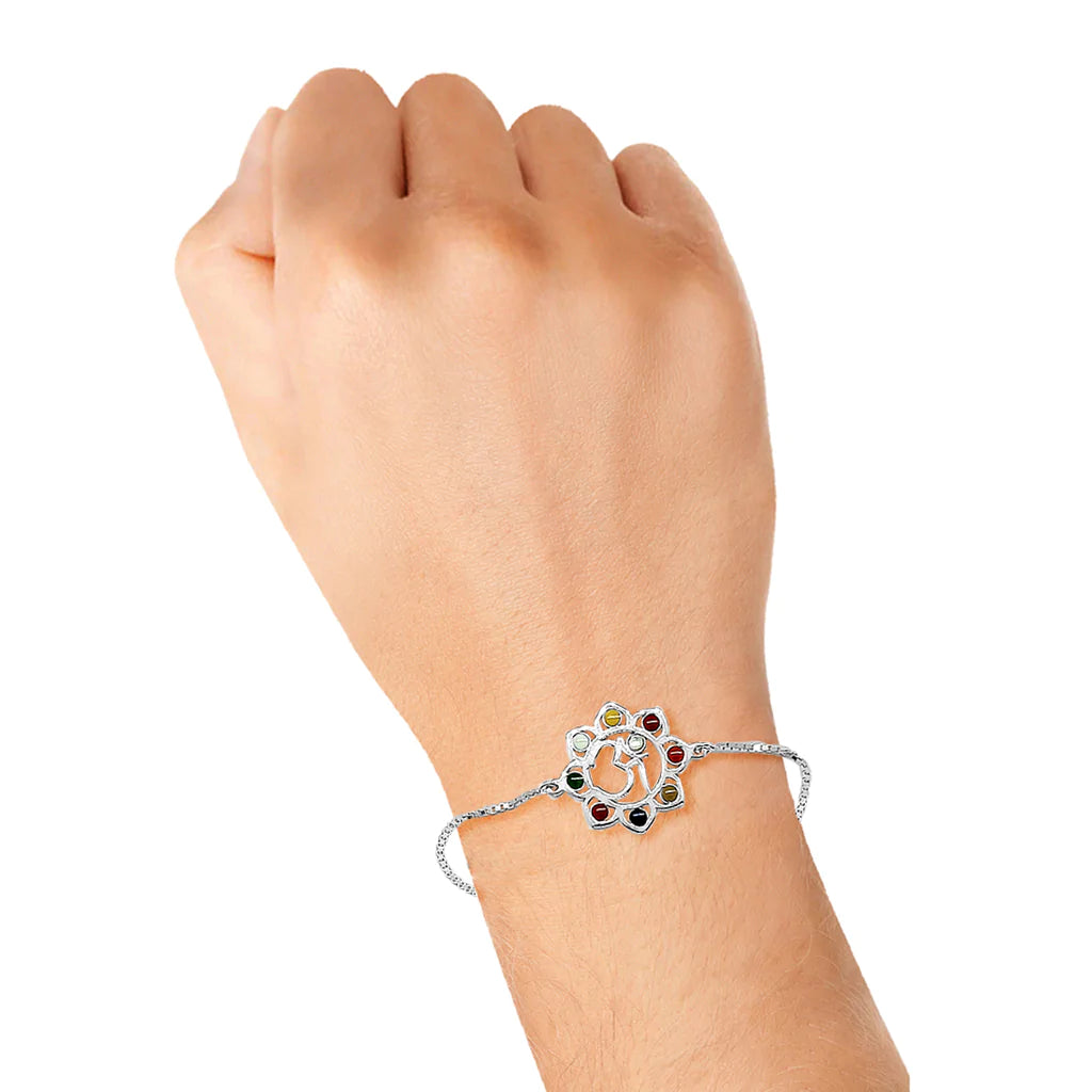 Blisse Allure 925 Silver Floral Design OM Rakhi Bracelet