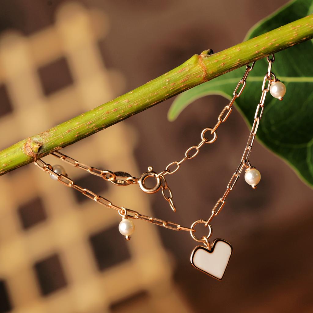 Blisse Allure 925 Sterling Silver Rose Gold Plated Bracelet with Heart Shaped Charm and Pearl Drops