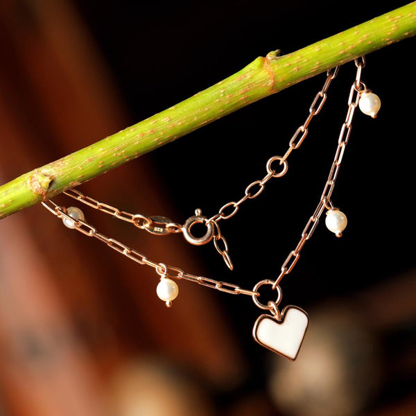 Blisse Allure 925 Sterling Silver Rose Gold Plated Bracelet with Heart Shaped Charm and Pearl Drops