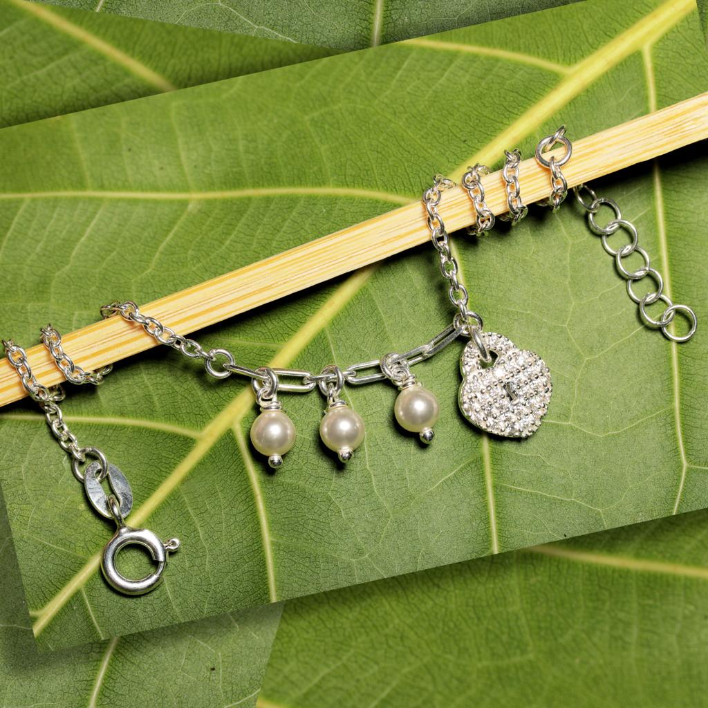 Blisse Allure 925 Sterling Silver Bracelet with Heart Charm and Pearl Drops