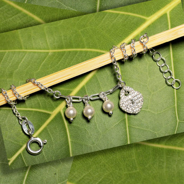 Blisse Allure 925 Sterling Silver Bracelet with Heart Charm and Pearl Drops