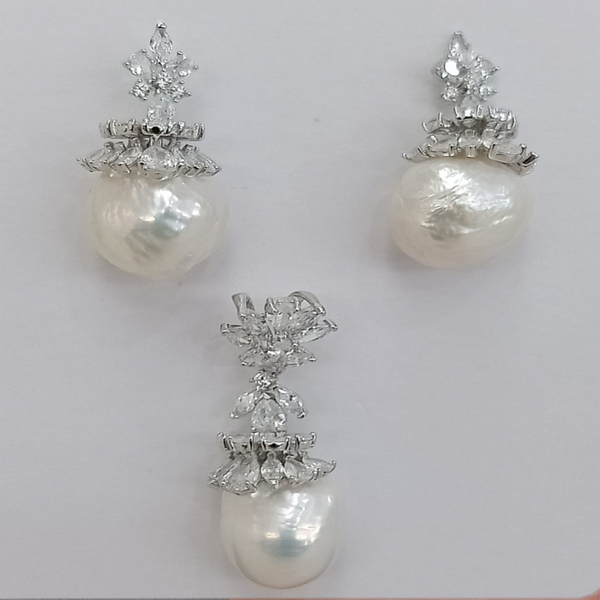 Blisse Allure 925 Sterling Silver White CZ With Pearl Drop Earrings And Pendant Set
